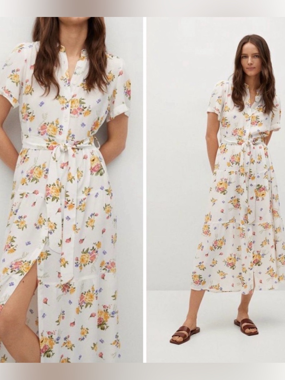 Mango - White Floral Tie-Waist Midi Dress